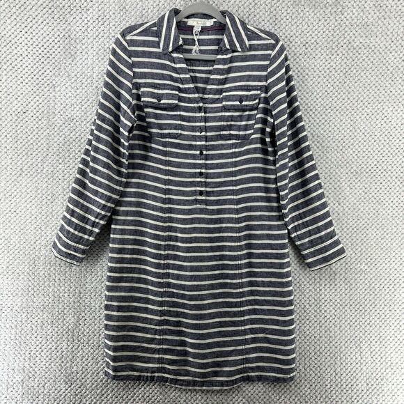 Boden Dress Womens 6R Gray Striped Linen Popover Button Up Knee Length Collared - Picture 1 of 15